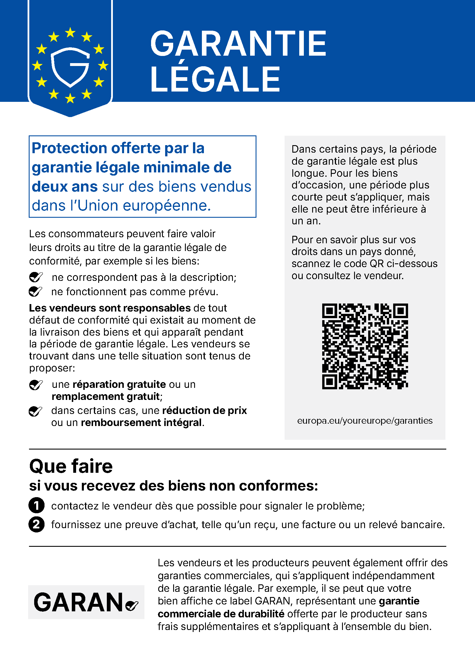 Avis harmonisé de l’UE sur la garantie légale de conformité : au moins deux ans de protection, réparation ou remplacement gratuits et, le cas échéant, réduction du prix ou remboursement.