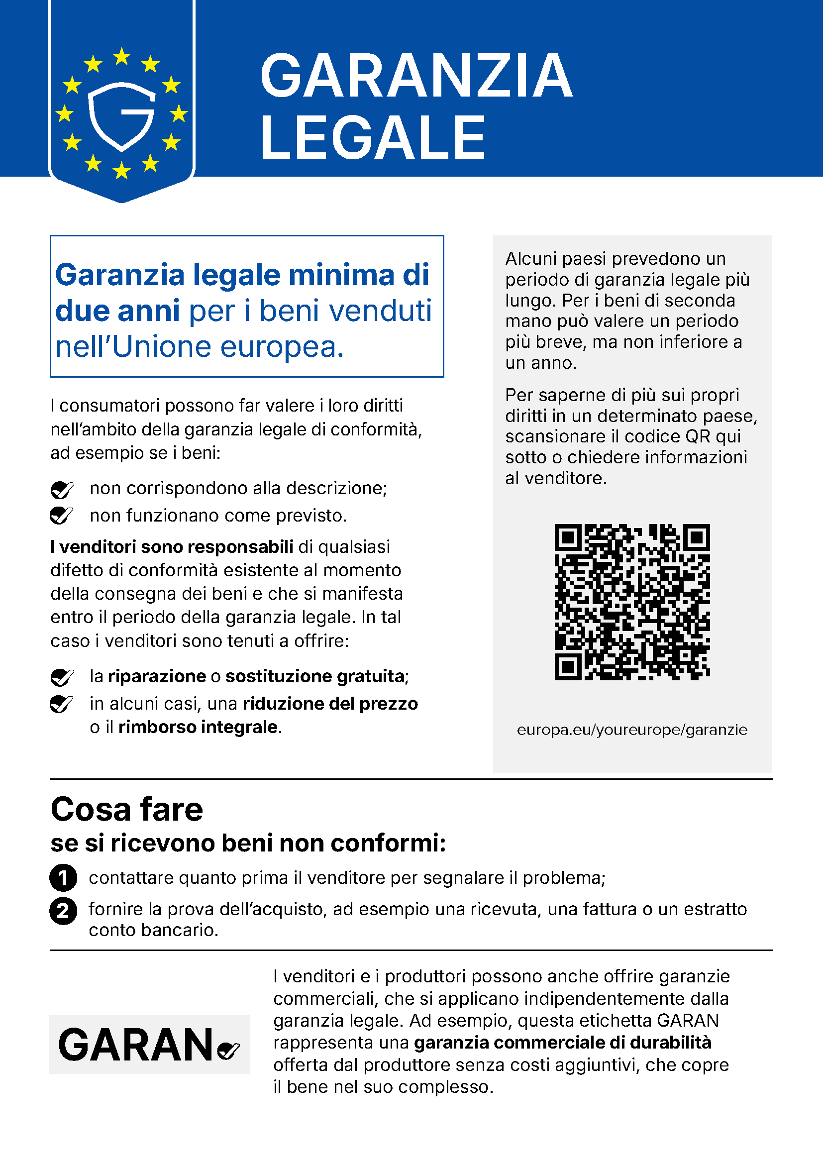 Avviso armonizzato dell’UE sulla garanzia legale di conformità: almeno due anni di tutela, riparazione o sostituzione gratuite e, ove applicabile, riduzione del prezzo o rimborso.