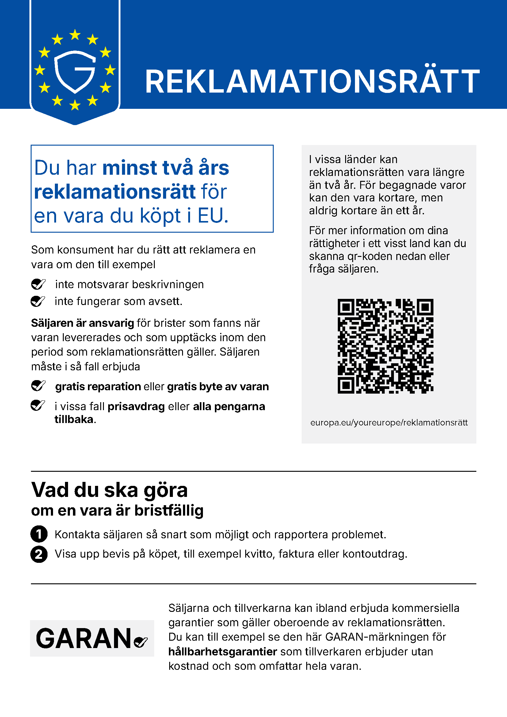EU-harmoniserat meddelande om den lagstadgade garantin om avtalsenlighet: minst två års skydd, kostnadsfri reparation eller ersättning och, i tillämpliga fall, prisavdrag eller återbetalning.